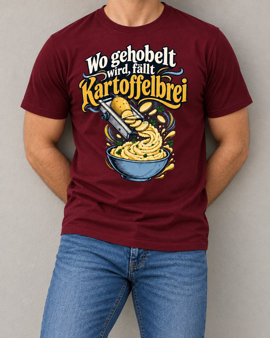 KI-Szenenbild: Bordeauxrotes Shirt an der Wand lehnend mit dem Motiv „Wo gehobelt wird, fällt Kartoffelbrei“
