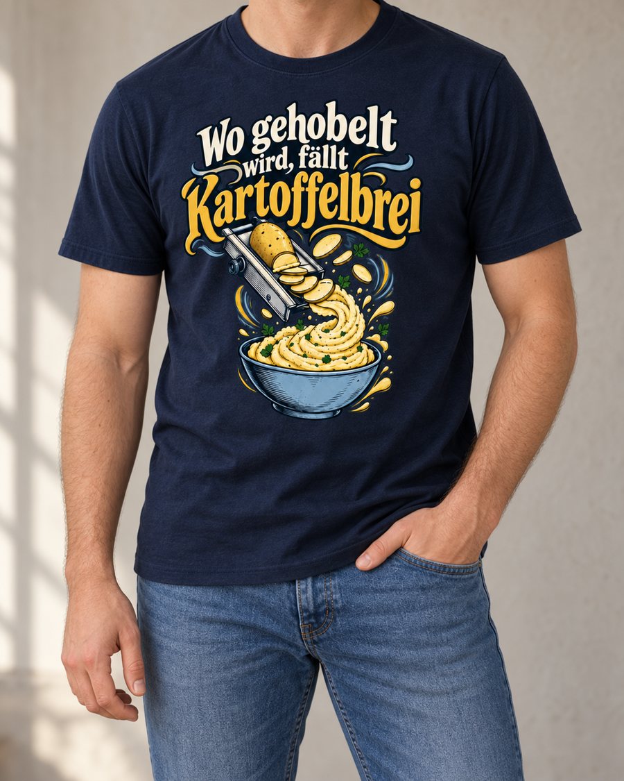 KI-Szenenbild: Dunkelblaues Shirt, stehend mit dem Motiv „Wo gehobelt wird, fällt Kartoffelbrei“