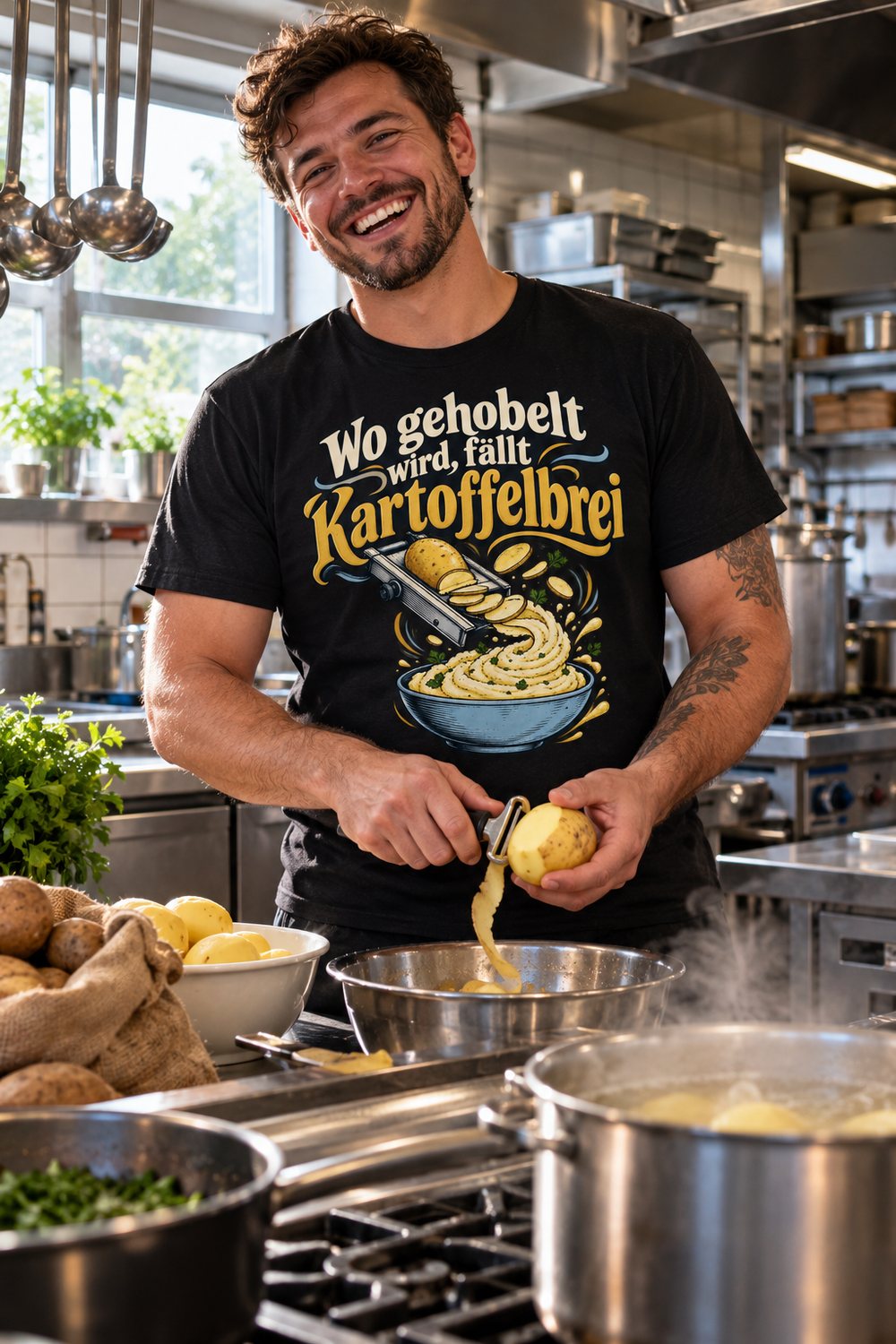 KI-Szenenbild: Koch schält in einer Restaurantküche hinter dem Herd Kartoffeln, schwarzes Shirt mit dem Motiv „Wo gehobelt wird, fällt Kartoffelbrei“