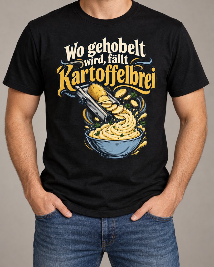 KI-Szenenbild: Schwarzes Shirt, Mann in Jeans frontal mit dem Motiv „Wo gehobelt wird, fällt Kartoffelbrei“