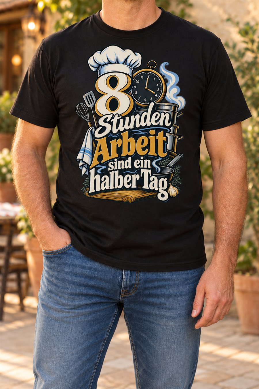 KI-Szenenbild: Schwarzes Shirt im Restaurant mit dem Motiv „8 Stunden Arbeit sind ein halber Tag“