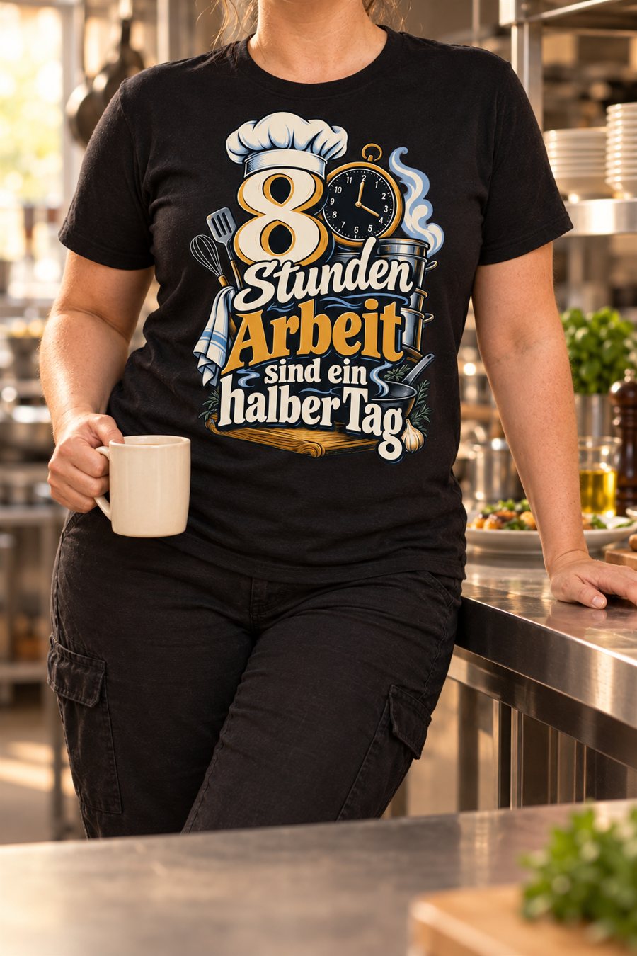 KI-Szenenbild: Schwarzes Shirt in der Küche mit dem Motiv „8 Stunden Arbeit sind ein halber Tag“