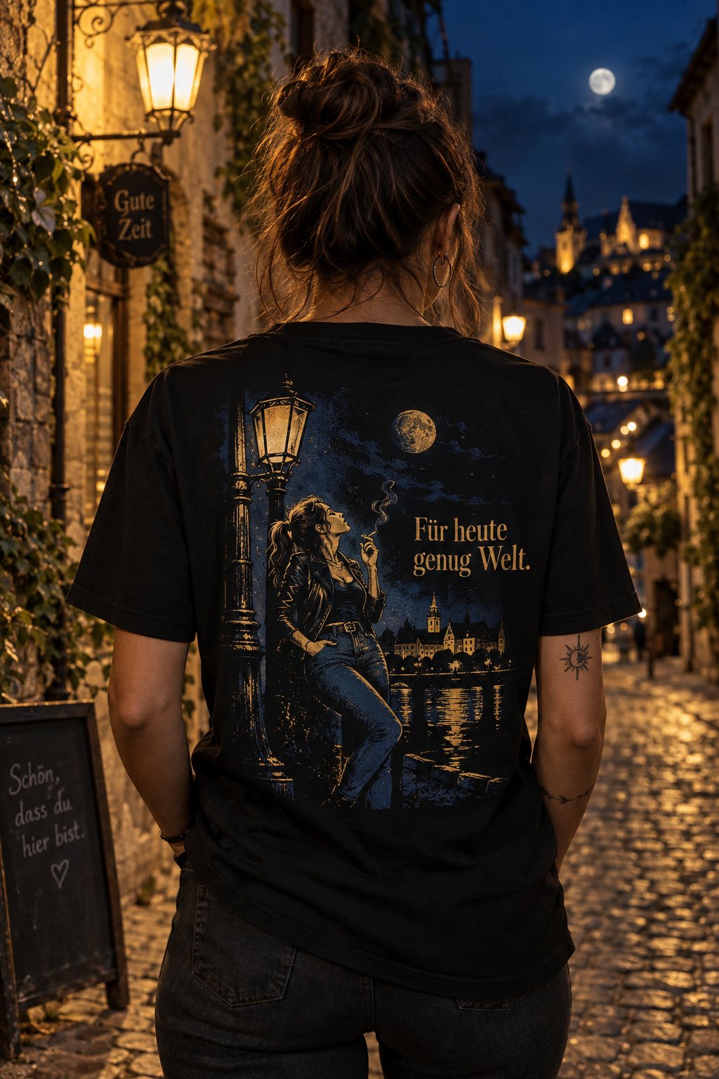 KI-Szenenbild: Frau von hinten in einer nächtlichen Altstadtgasse, schwarzes Shirt mit dem Rückenmotiv „Für heute genug Welt“ (Frau an Laterne)