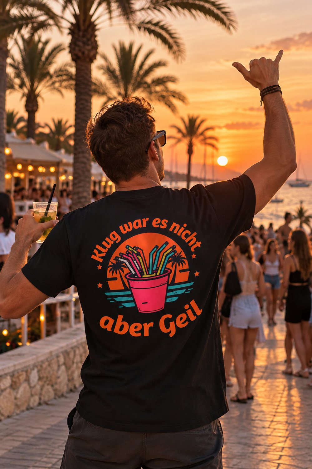 KI-Szenenbild: Schwarzes Shirt bei Sonnenuntergang an der Strandpromenade, Motiv „Klug war es nicht aber Geil“ auf dem Rücken
