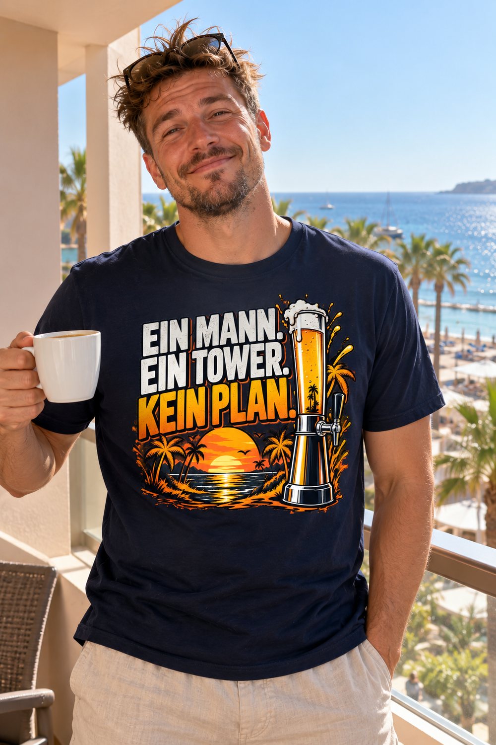 KI-Szenenbild: Mann mit Kaffeetasse am Morgen auf dem Hotelbalkon mit Meerblick, marineblaues Shirt mit dem Motiv „Ein Mann. Ein Tower. Kein Plan.“