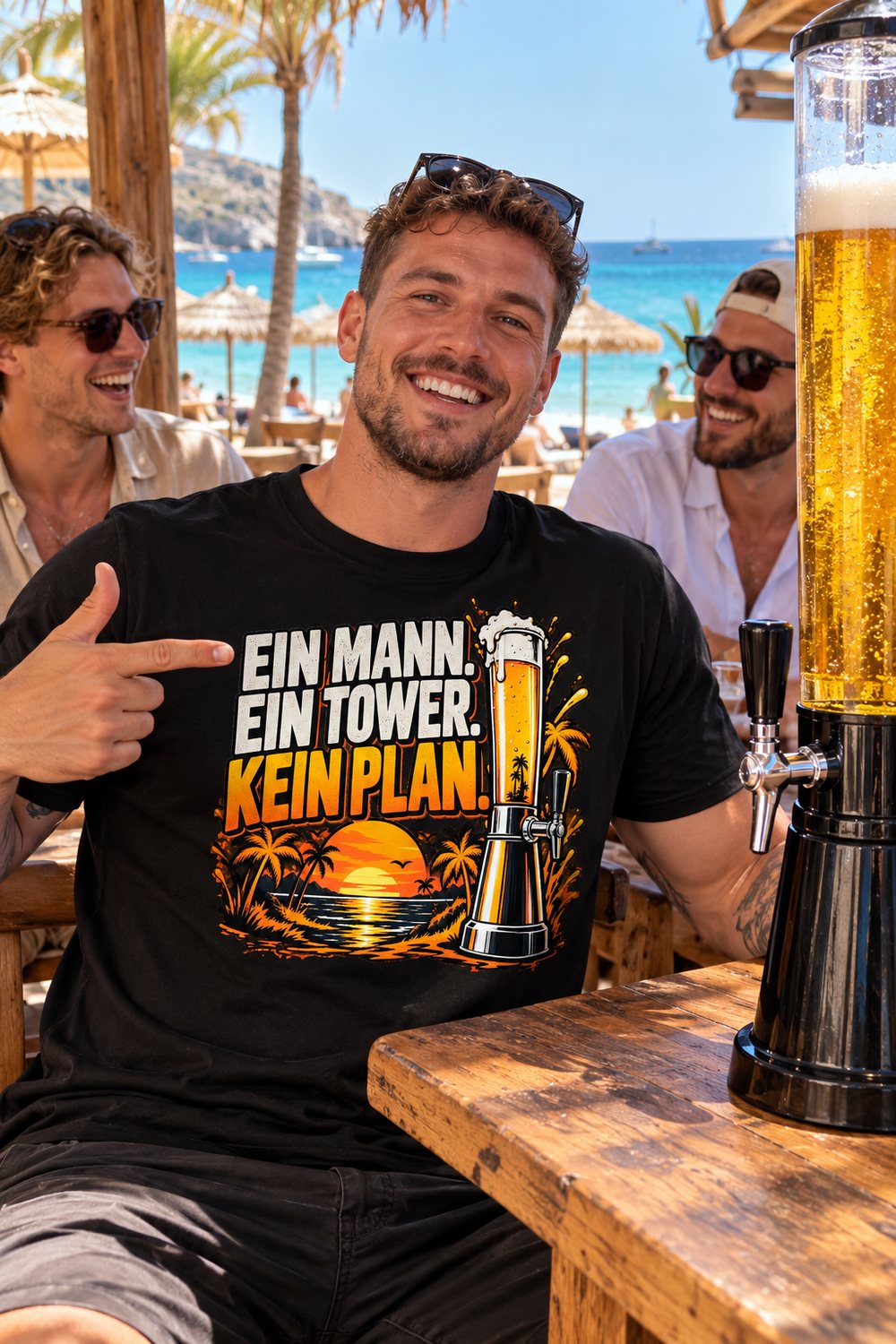 KI-Szenenbild: Mann an einer Strandbar auf Mallorca zeigt auf einen Bier-Tower, schwarzes Shirt mit dem Motiv „Ein Mann. Ein Tower. Kein Plan.“