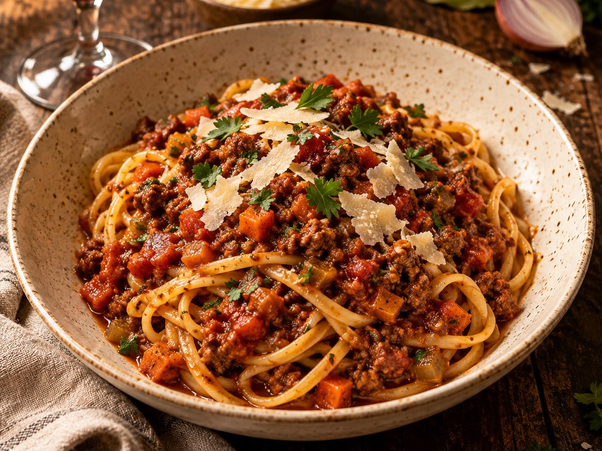 Linguine mit stückiger Rinder-Bolognese, Parmesanspänen und Petersilie in einem gesprenkelten Keramikteller, daneben ein Glas Rotwein