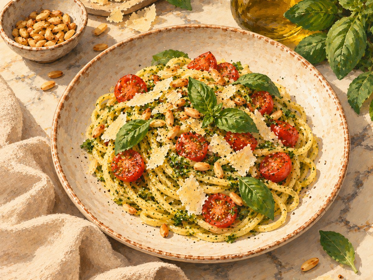 Linguine mit Basilikumpesto, Kirschtomaten, Pinienkernen und Parmesanspänen in einer Keramikschale