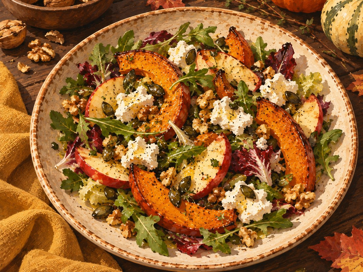 Herbstsalat mit geröstetem Kürbis, Apfelspalten, Ziegenfrischkäse, Rucola und Kürbiskernen auf einem Teller