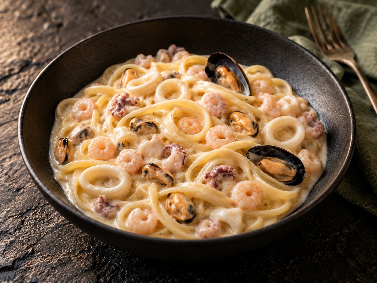 Linguine in cremiger heller Sauce mit kleinen Garnelen, Tintenfischringen, Tintenfischstücken und Miesmuscheln in einem dunklen Teller auf Schiefer, daneben eine grüne Leinenserviette und eine Gabel