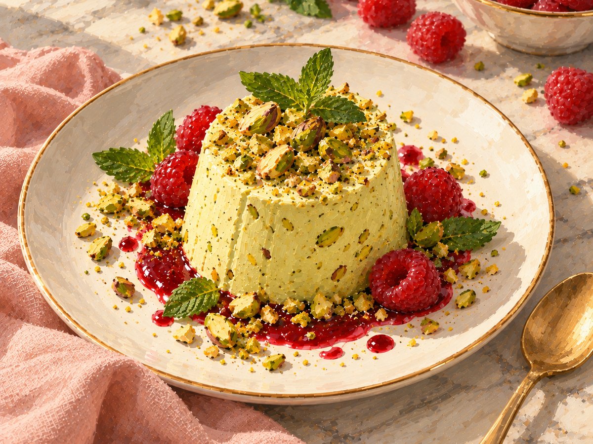 Gestürztes Pistazien-Parfait mit gehackten Pistazien, Himbeeren und Minze auf einem Teller