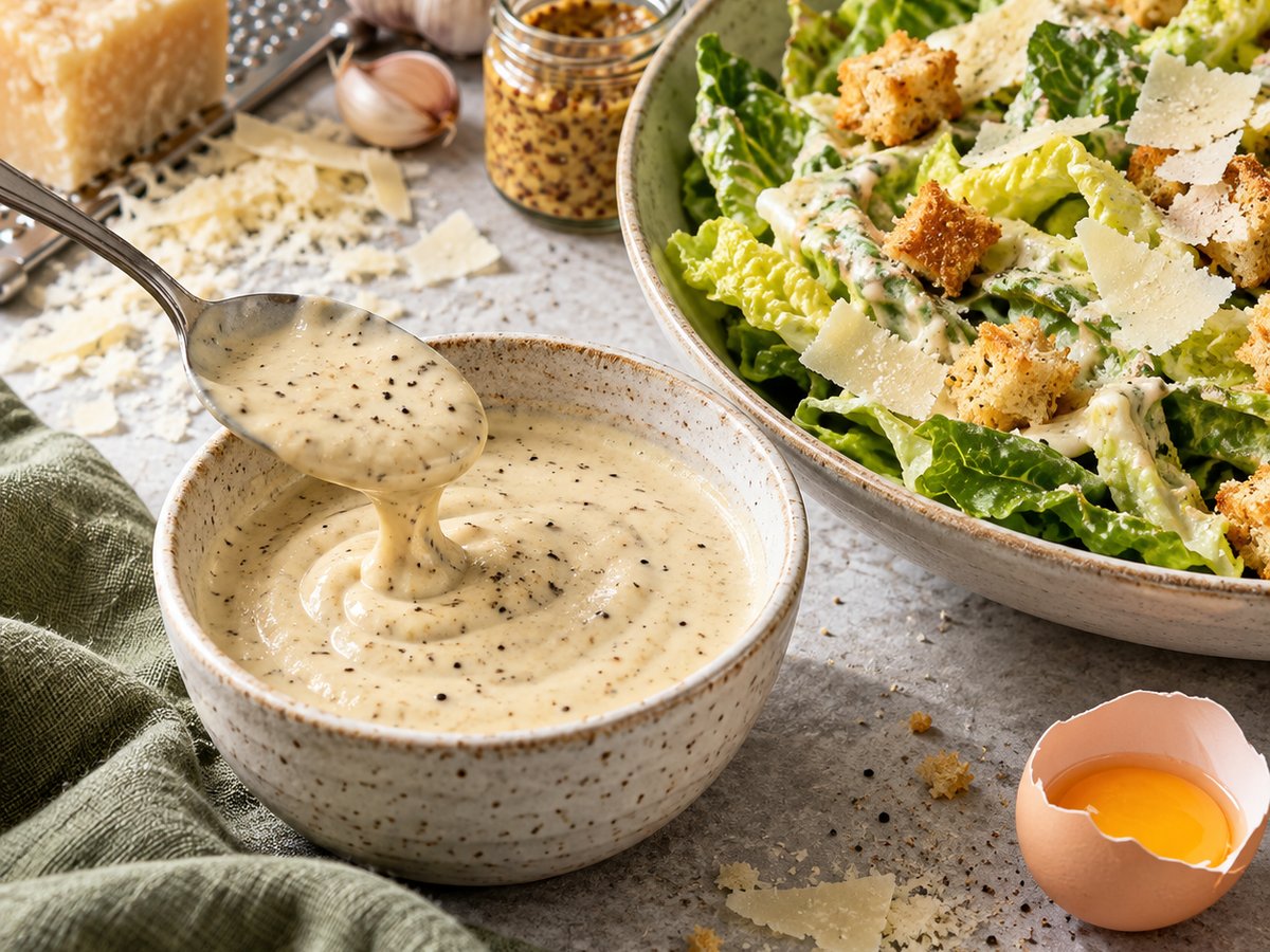 Cremiges Caesar Dressing läuft von einem Löffel in eine gesprenkelte Keramikschale, daneben ein Caesar Salad mit Croutons und Parmesan