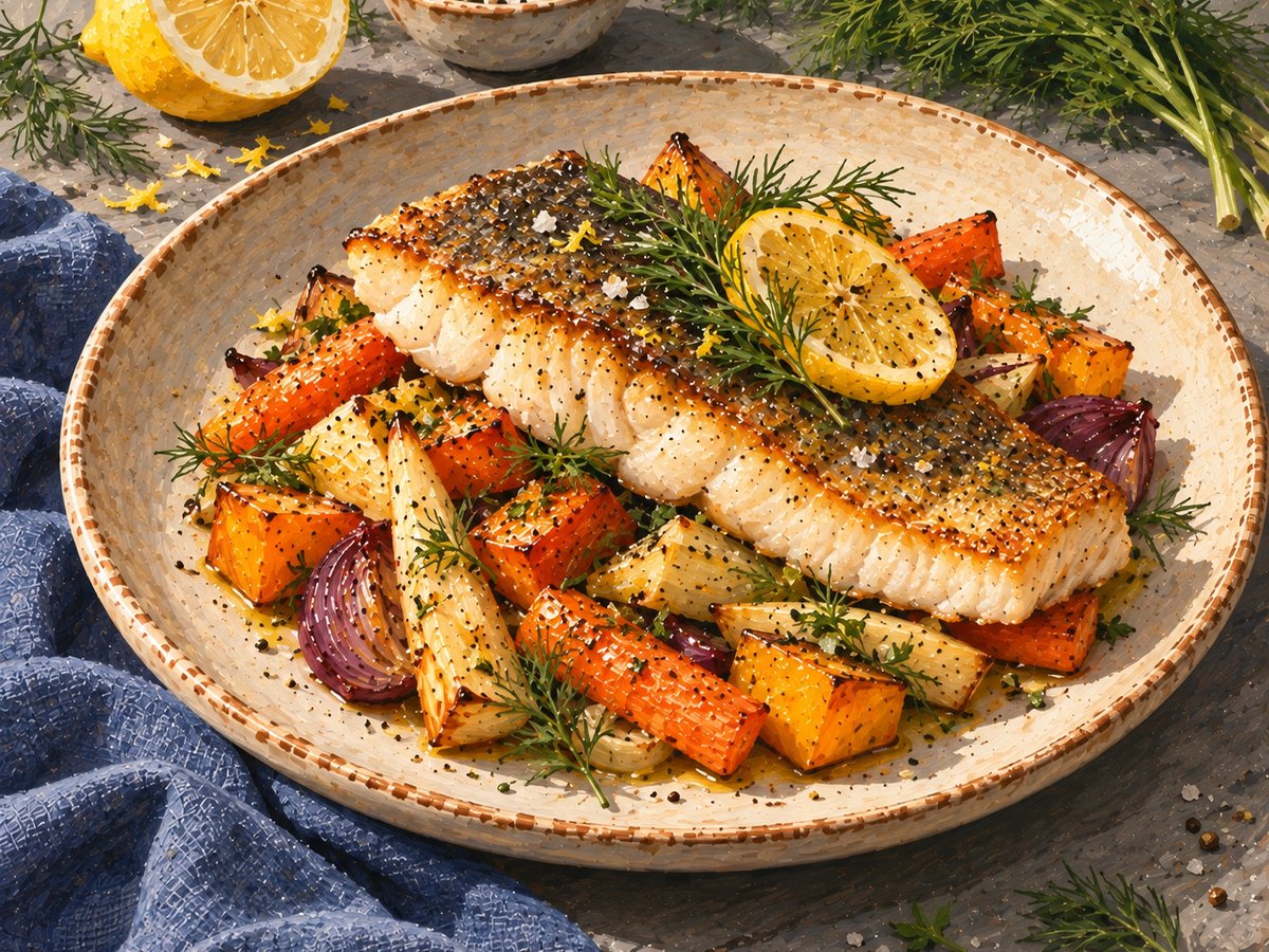 Knusprig gebratenes Zanderfilet mit Zitronenscheibe auf buntem Ofengemüse aus Karotte, Pastinake und Kürbis